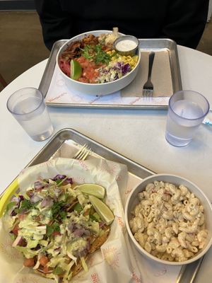 Fish tacos, mac salad, bbq tofu salad  at Hey Sunshine Kitchen in Culver City