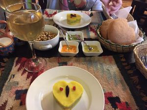 Entrées, dips, fresh bread and hot drink  at Shaman Restaurant in Cusco