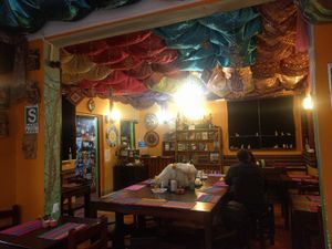 A great little spot, full of interesting things to see and (as if you could miss it, this is one fancy ceiling! at Shaman Restaurant in Cusco