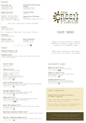 Menu, vegan items labelled 'V' gluten free items labelled 'GF' at The Green Place in Sileby
