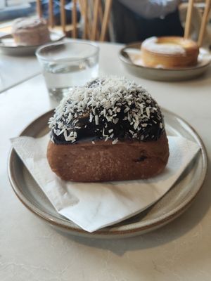 Gingerbread with filling and toped with chocolate and coconut at Socker Sucker in Stockholm