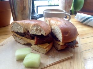 Breakfast Bagel with vegan sausage instead of scrambled egg. at The Butcher's Daughter - Nolita in New York City