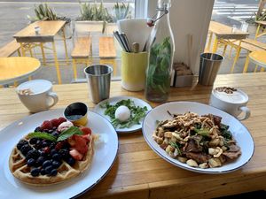Weekend Waffles and Butcher’s Bowl (egg on the side)  at The Butcher's Daughter - Nolita in New York City