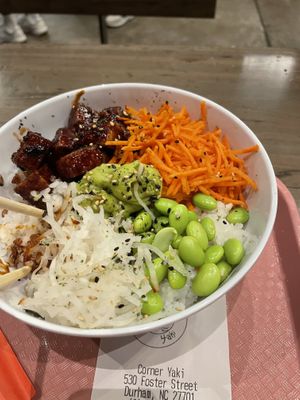 Tofu bowl. As of January 2024, this is the only vegan item. Bao and ramen are vegetarian only    at Corner Yaki in Durham