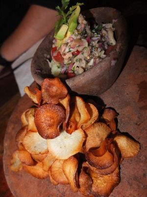 Oyster mushroom ceviche with crusty chips at Restaurare in Tulum