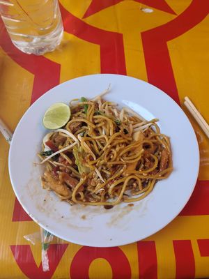 Noodles with mock meat and veggies  at Vegan Thai Food Stalls in Bangkok