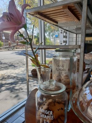 Lots of items offered in the window, including breads at Crumbs Organic Bakehouse in Kensington