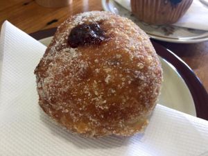 Jam donut at Crumbs Organic Bakehouse in Kensington