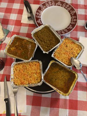 Nepalese rice, baigan bartha, aloo mattar and lentil soup  at Ristorante indiano Milano Namastè in Milan