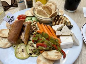 Vegan Platter with Hummus, Vegetables, vegan truffle cheese and vegan sausage  at Coogi's Pizzeria & Bistrot in Mdina