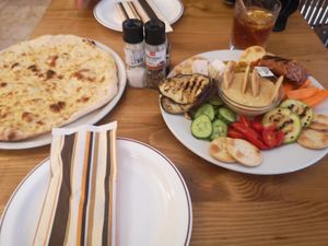 Vegan platter (relatively expensive) and foccacia for two at Coogi's Pizzeria & Bistrot in Mdina