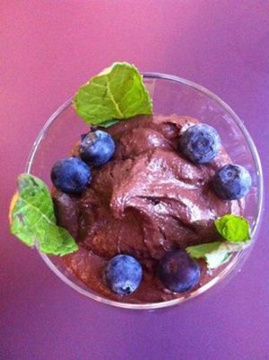 Raw chocolate mousse with fresh blueberries and mint at The Courtyard Cafe in Biggleswade