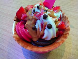 Fudgicle, pomegranate raspberry, and Oatly Vanilla flavors with peanut butter sauce, raspberry sauce, carob chips, strawberries in a waffle cup at 16 Handles  in Naples