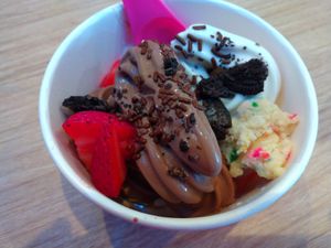 Oatly chocolate, Oatly vanilla, Oreo crumbles, vegan cookie dough, strawberries and sprinkles at 16 Handles  in Naples