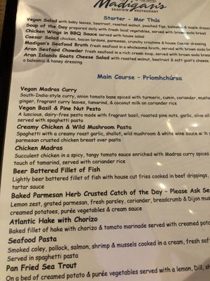 Starters en main courses  at Madigan's in Inishmor