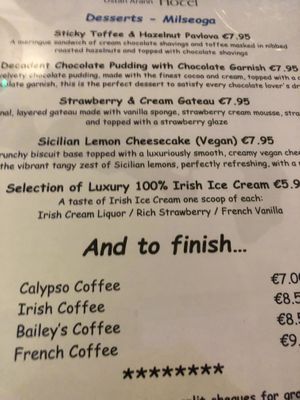 Desserts on the menu  at Madigan's in Inishmor