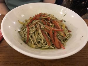 Spaghetti with basil and pine nuts pesto   at Madigan's in Inishmor