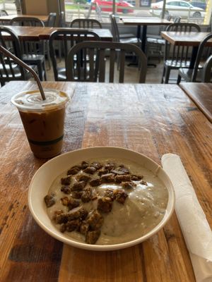 Biscuits and Gravy (add sausage) and iced vanilla latte at Sunflower Cafe in Nashville