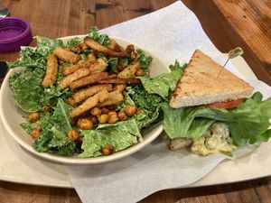 1/2 sandwich 1/2 salad. I got the Chick'n Caesar Salad and the Chick'n Salad Sandwich at Sunflower Cafe in Nashville