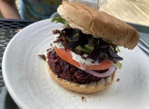 Burger with BBQ & vegan ranch  at Sunflower Cafe in Nashville