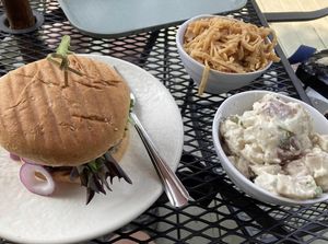burger with a side of noodles and potato salad   at Sunflower Cafe in Nashville