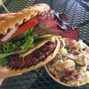 The All American burger and potato salad  at Sunflower Cafe in Nashville