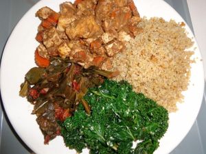 Clockwise from six o'clock: Thai ginger tofu, quinoa, sesame kale and collard greens.  at Sunflower Cafe in Nashville