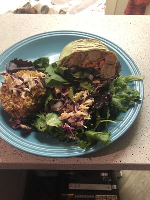 1/2 Buffalo wrap and chef special “crab” cake  at Sunflower Cafe in Nashville