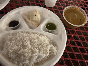 Veg curry with white rice and Samosa  at Gourmet Garden Indian Restaurant in St Augustine