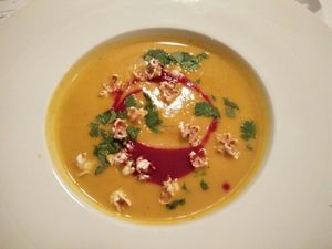 carrot soup with raspberry dressing at VEG Deli in Warsaw