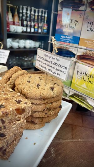 Two well-labeled vegan dessert case options   at Muddy Waters Cafe in Harrison Hot Springs
