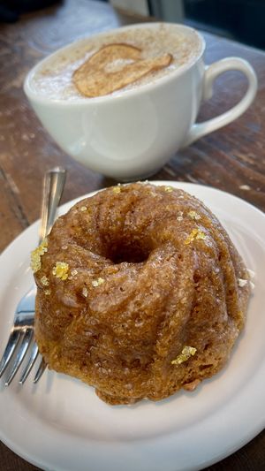 Pumpkin olive oil cake with hot cider  at Muddy Waters Cafe in Harrison Hot Springs