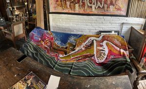 Batiks are also for sale here. Made by owner. This batik took one month to make !  at Water Castle Cafe in Yogyakarta