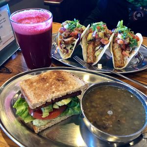 TLT with French Lentil Soup, Tacos and Beet Juice. Nom nom at Green Sage Cafe - South in Asheville