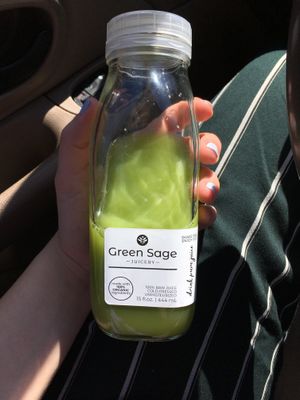 pristine green juice in reusable bottle!  at Green Sage Cafe - South in Asheville