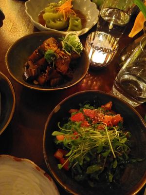 Miso aubergine, seaweed salad at Soy Club in Stuttgart