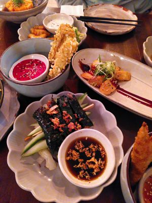 Mushroom dishes and tofu with rasperry sauce at Soy Club in Stuttgart