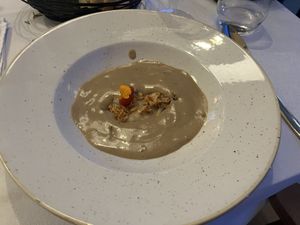 3rd course: croatian štrukli with tofu in mushroom soup  at Dunatovi Dvori Heritage Hotel in Preko