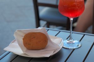Vegan Arancino and Campari Spritz at Trancina in Berlin