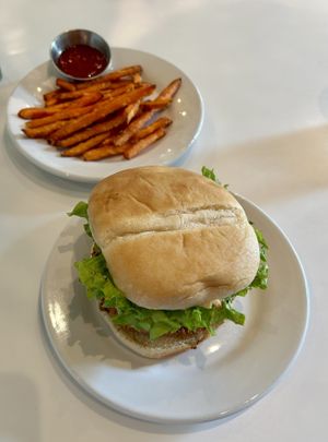 Poyo Burger with Sweet Potato Friess  at Goy's Plant-Based Burgers - Polanco in Mexico City
