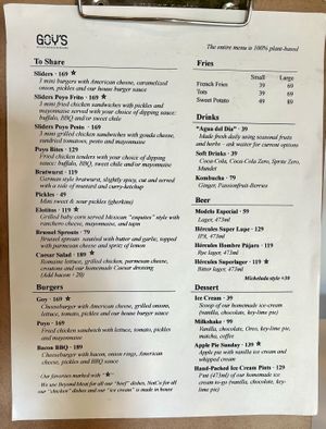 Menu Card  at Goy's Plant-Based Burgers - Polanco in Mexico City