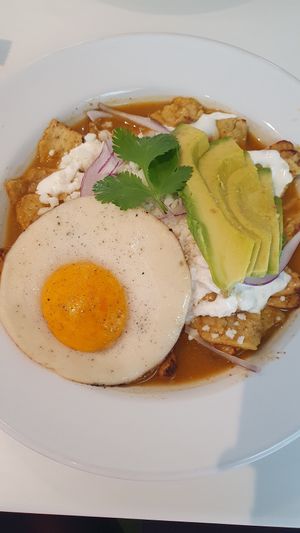 Chilaquiles con huevo vegano YO egg at Goy's Plant-Based Burgers - Polanco in Mexico City