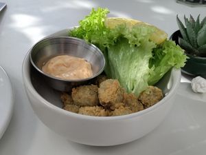 Fried olives at Goy's Plant-Based Burgers - Polanco in Mexico City