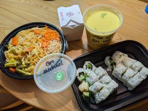 Vegan pad thai, vegan yellow curry, avocado rolls at Peppers Thai Cuisine in Palm Springs