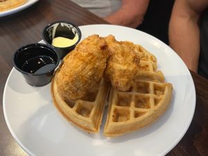 Chicken and Waffles with Spicy Maple Syrup at Bed Head Vegan Brunch House in Bethlehem