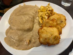 Biscuit and Gravy with Hashbrowns and Tofu Scramble at Bed Head Vegan Brunch House in Bethlehem