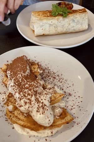 Tiramisu waffles and breakfast burrito  at Bed Head Vegan Brunch House in Bethlehem