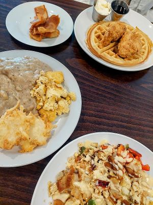 Bacon, chicken waffles, biscuits with gravy, hash at Bed Head Vegan Brunch House in Bethlehem