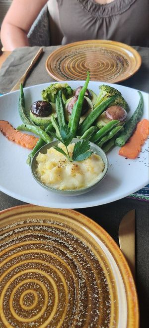 Pan fried mixed vegetables with mashed potatoes (vegetarian) at The Rice Signature Restaurant - Sapa Clay House in Lao Cai