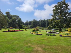 View of the gardens from the outdoor seating at Bicton Park Botanical Gardens in Budleigh Salterton